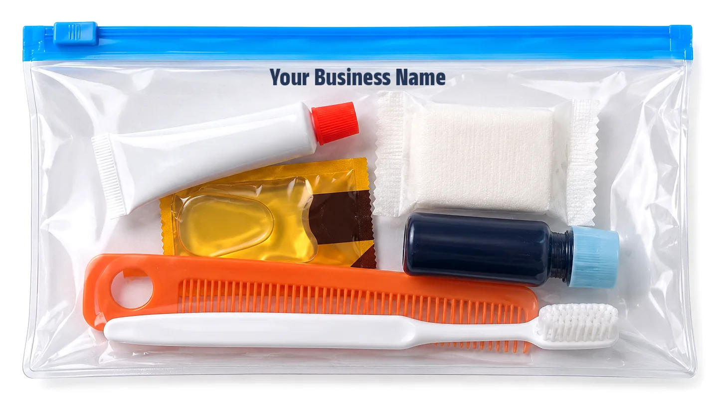 Clear zip-lock bag printed with “Your Business Name”, holding a toothbrush, toothpaste, shampoo, soap, comb and hair oil sachet